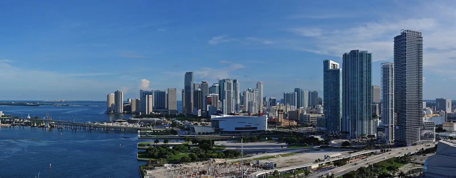 The Downtown Miami skyline with high-rise condominium towers along Biscayne Bay, Florida