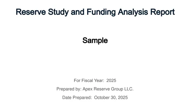 The cover page of a sample Reserve Study and Funding Analysis Report provided by Apex Reserve Group